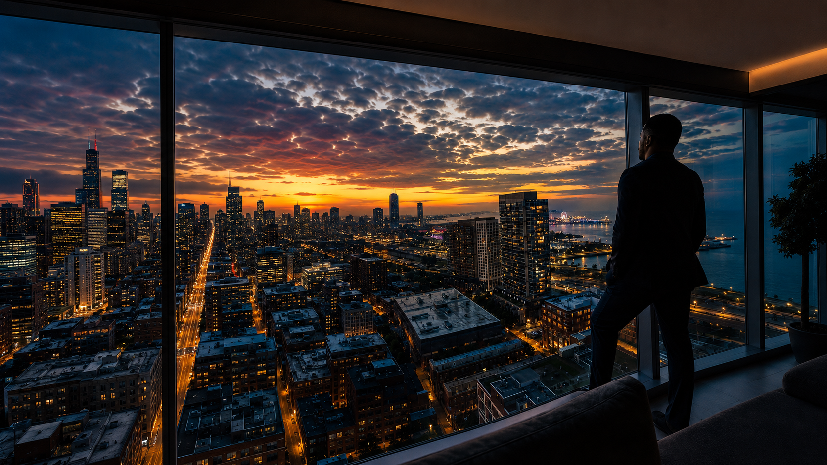 Isiah Williams overlooking the Chicago skyline at sunset
